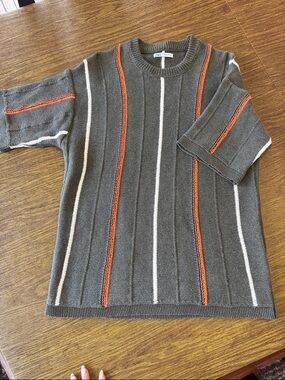 Zara Olive Crewneck Sweater with Orange & White Stripe Detail